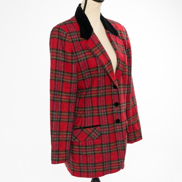 Vintage wool tartan plaid blazer with black velvet trim & buttons M - Picture 5 of 16